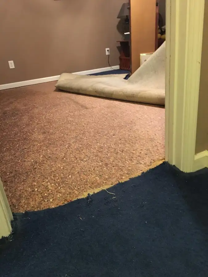 Carpet pad removal revealing water damage during Water Mitigation Services in Sudley